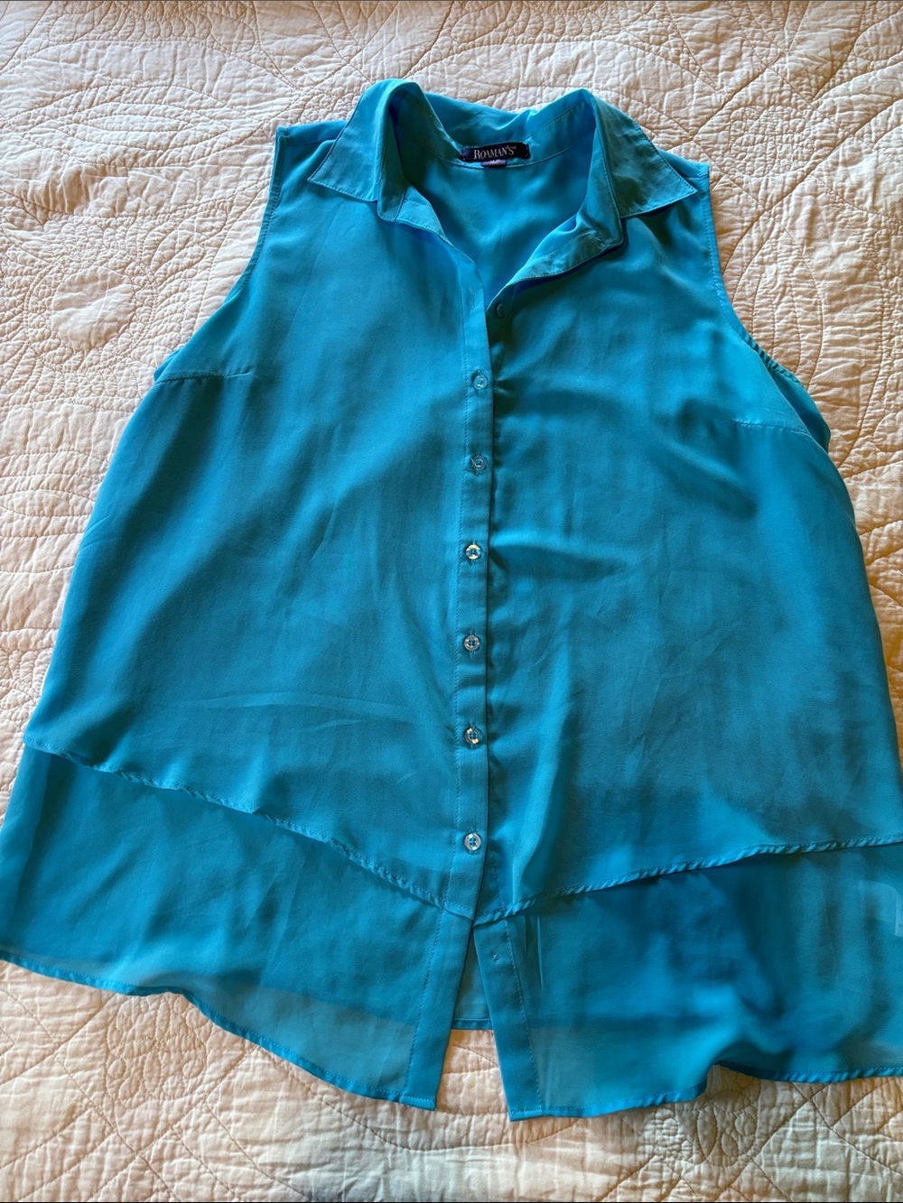 Roaman's Sleeveless Button-Front Blouse in Teal Blue